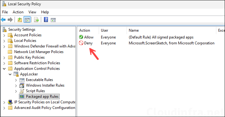 Block or Deny Snipping tool rule created