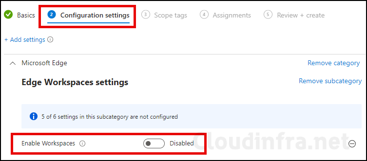 Edge workspace setting on Intune admin center