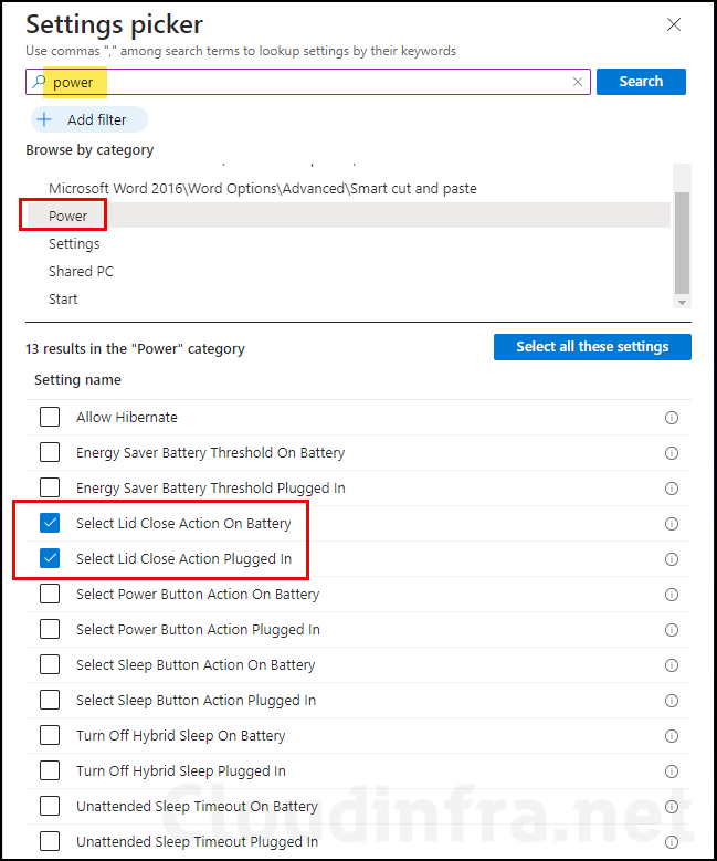 Select Power options setting to configure on Intune admin center