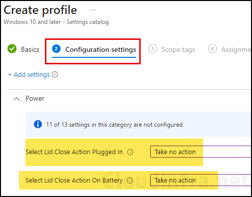 Configure Power options under Configuration Settings tab