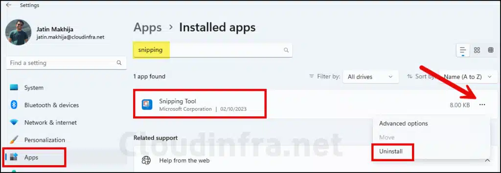 How to uninstall Snipping tool using Settings App