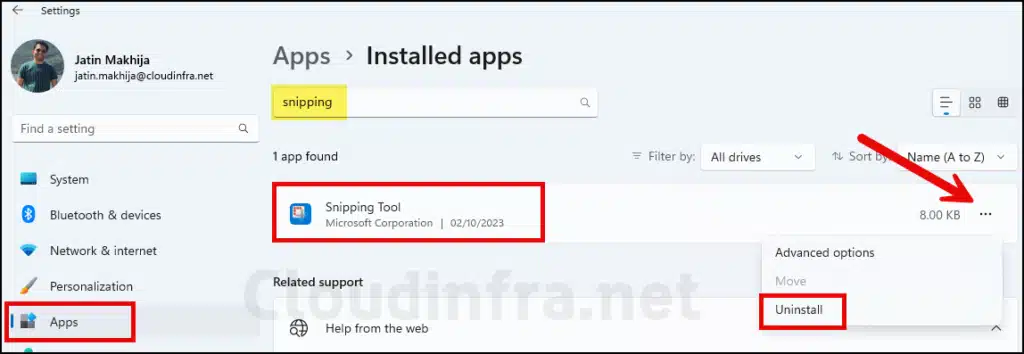 Uninstall Snipping tool using Settings App