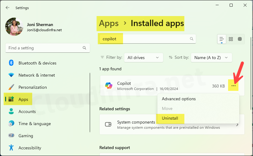 Uninstall Copilot App from Settings