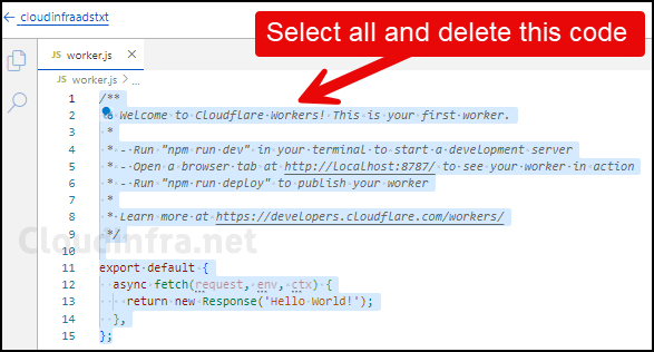 Select the code in Worker.js file and delete all the code