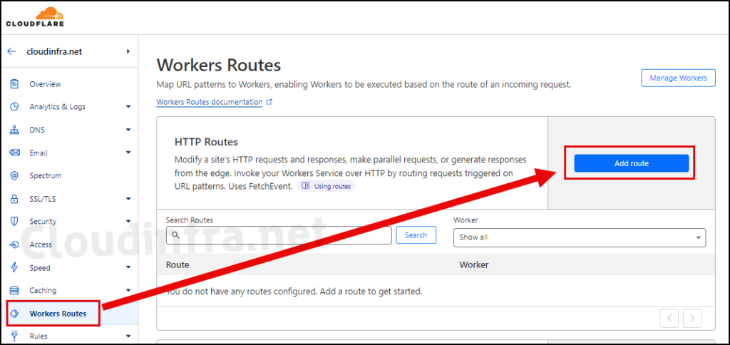 Under Worker Route, Select Add route to add a route for this application