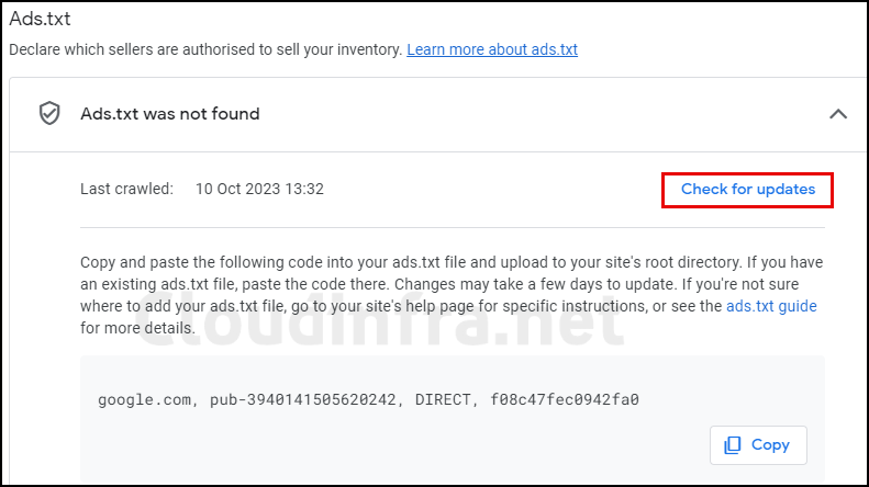 Re-validate ads.txt file status by clicking on Check for updates link