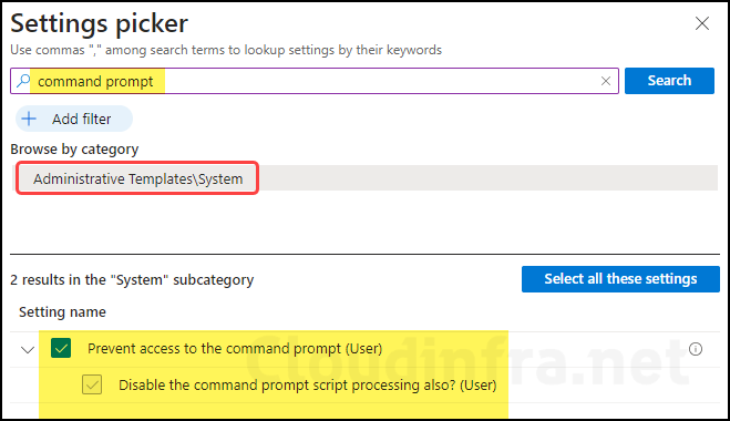 Prevent access to the command prompt(User) setting on Intune admin center