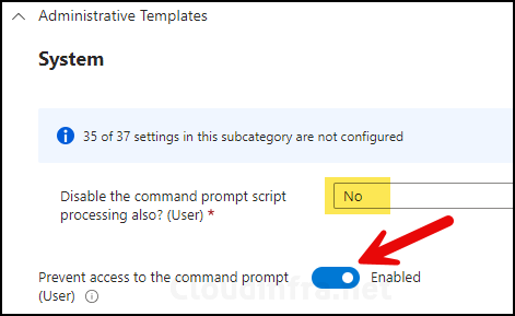 Use the toggle to Enable Prevent access to the command prompt(User)