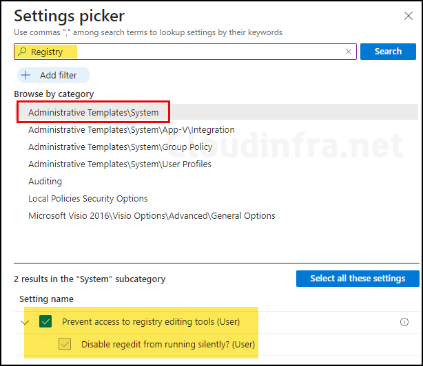 Block windows registry access policy in intune settings picker