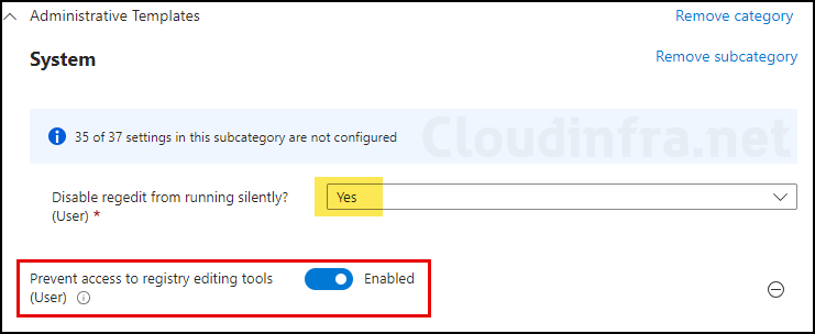 Set Prevent access to registry editing tools (User) to Enabled State