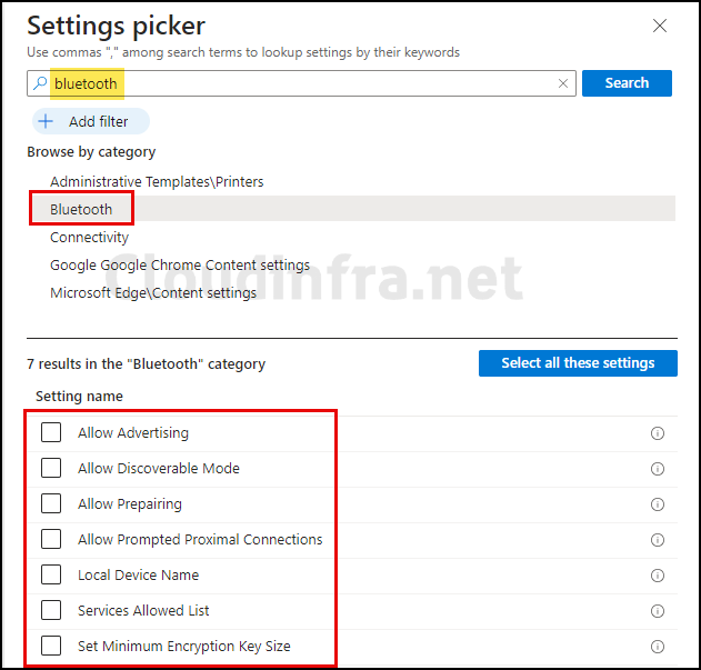 Additional bluetooth settings on Intune admin center