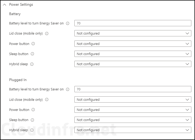 Power management options under Device restrictions template on Intune admin center