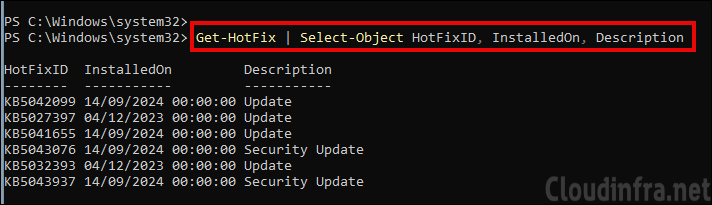 Get the list of Windows Update KB using Get-hotfix command