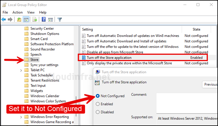 Turn off the Store Application policy setting in Group Policy