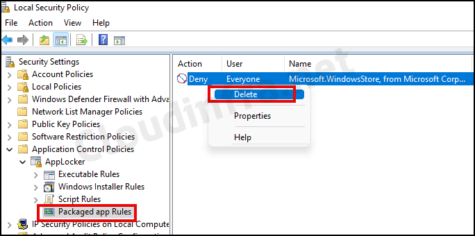 Delete Applocker Deny rule to unblock Microsoft Store app on Windows
