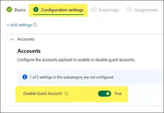 Disable Guest Account Intune policy setting