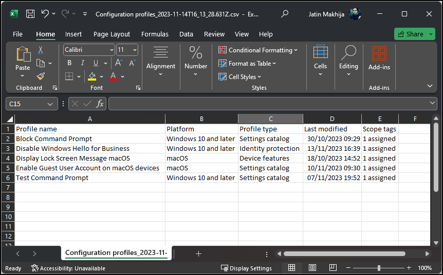 Device configuration profile CSV file