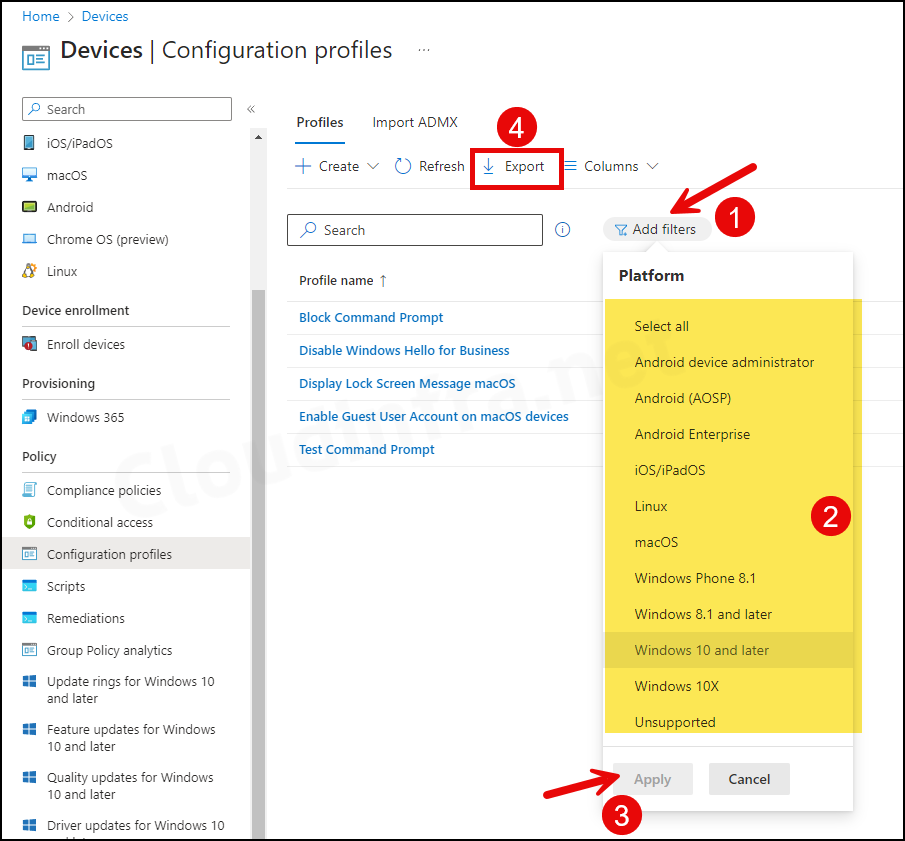 Filter Device configuration profiles