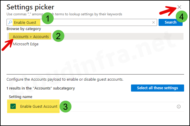 Enable guest account setting in settings catalog