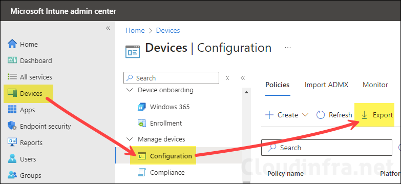 Export option for device configuration profiles