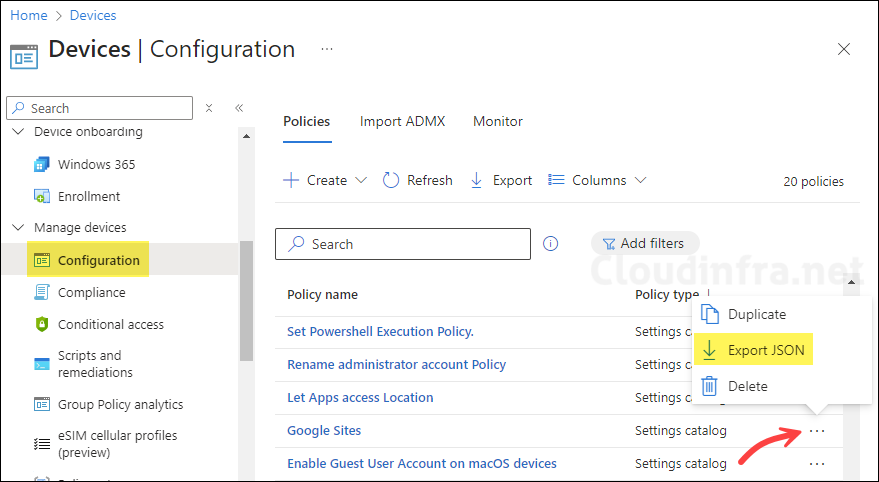 Export JSON option for Settings Catalog Policy