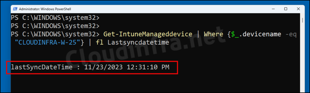 Verify the timestamp for the Last completed Intune Sync using Powershell