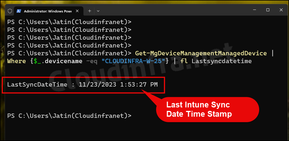 Verify the timestamp for the Last completed Intune Sync using Powershell