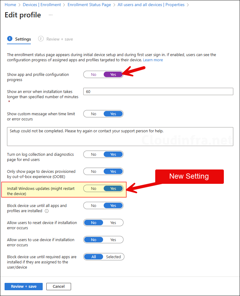 Enrollment status page config