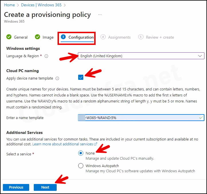 Configuration tab of the Windows 365 Provisioning policy