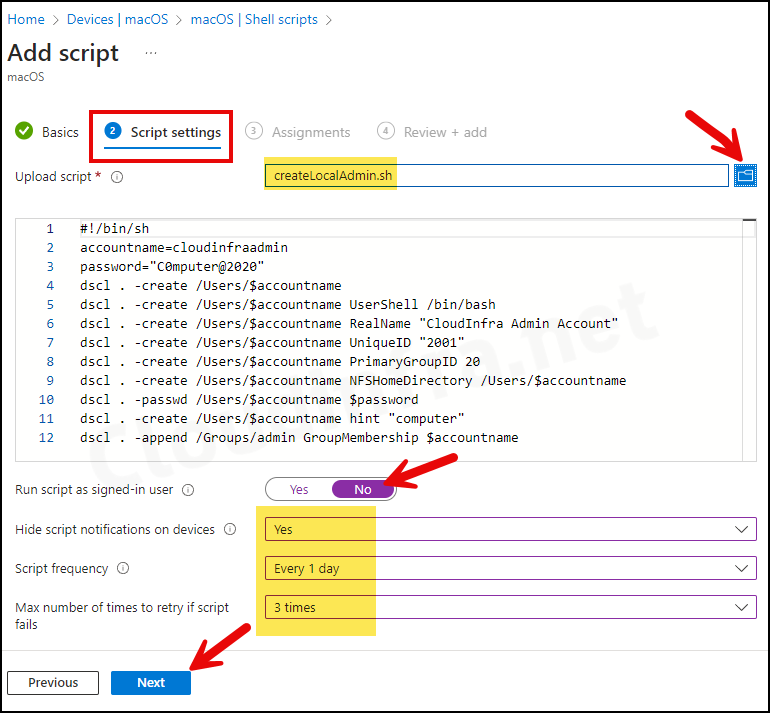 Create a Shell Script Deployment on the Intune Portal - Script settings