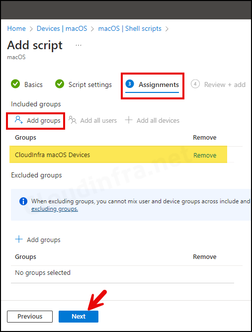 Create a Shell Script Deployment on the Intune Portal - Assignments tab