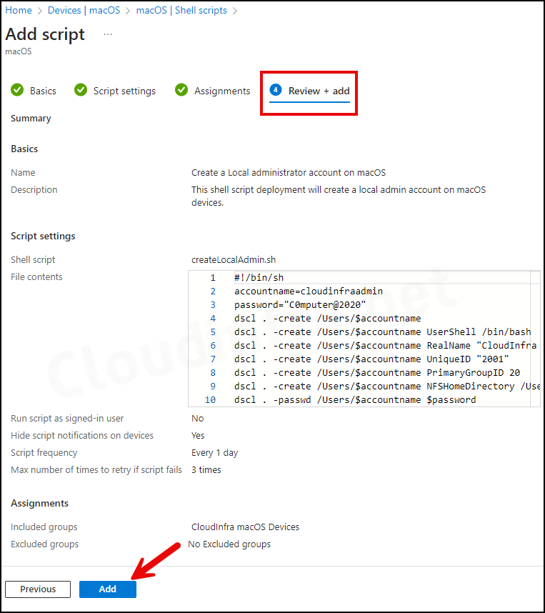 Create a Shell Script Deployment on the Intune Portal - Review + add Tab