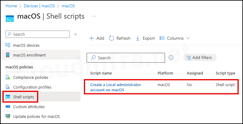 Create a Shell Script Deployment on the Intune Portal - Deployment created successfully