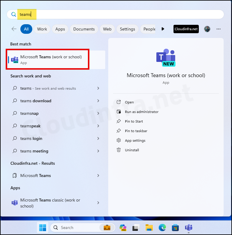 Confirm the Installation of New Microsoft Teams app from the Start Menu