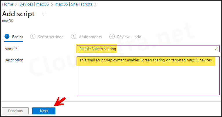 Enable Screen Sharing on macOS devices using Intune - Basics Tab