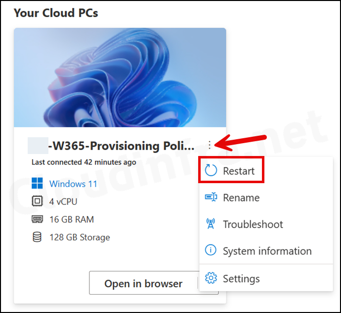 Restart Cloud PC using Windows 365 Home Page