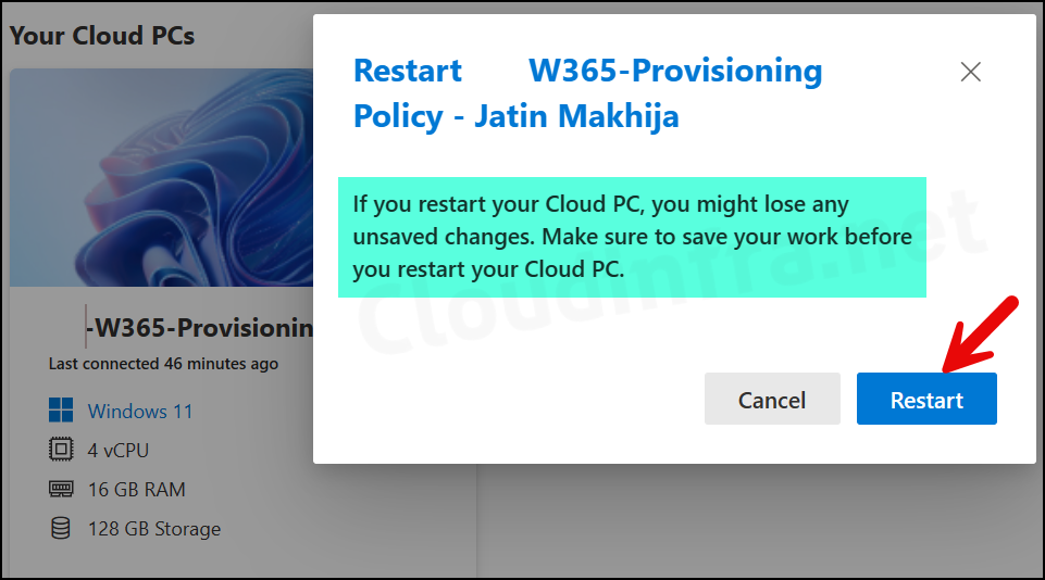 Restart Cloud PC using Windows 365 Home Page