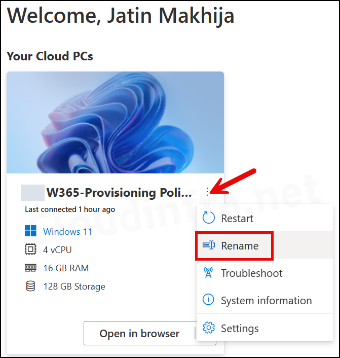 Steps to Rename Windows 365 Cloud PC Display Name