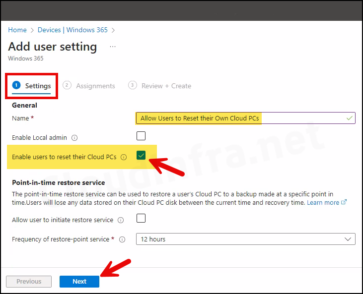 Check the box for "Enable Users to reset their Cloud PCs"