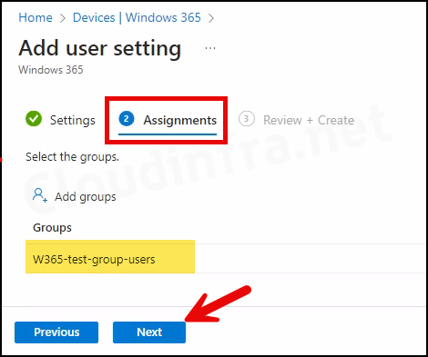 Assign User settings to an Entra security group containing Cloud PC users