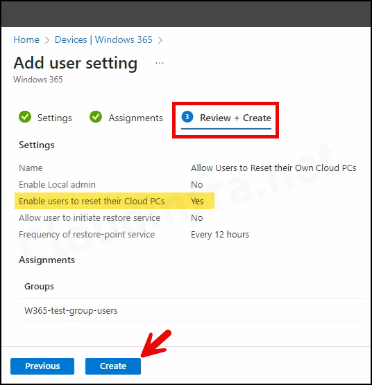 Review the User Settings Policy for "Enable users to reset their Cloud PCs"