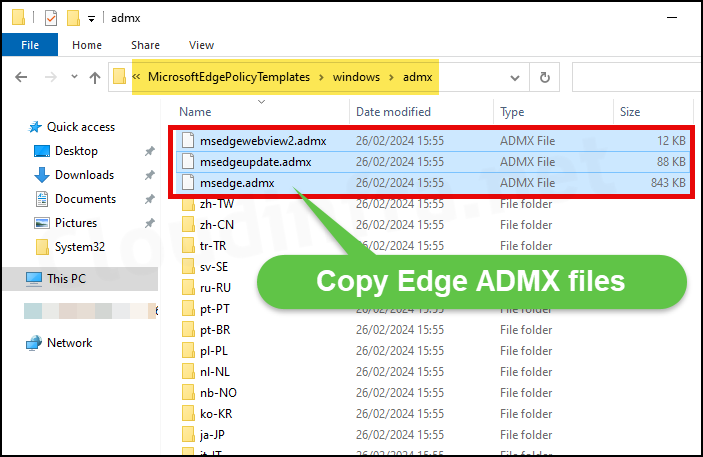 Import Microsoft Edge ADMX Templates - Copy msedge, msedgeupdate and msedgewebview2 admx files