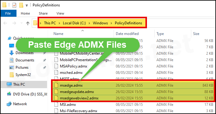 Paste msedge, msedgeupdate and msedgewebview2 admx files in PolicyDefinitions folder