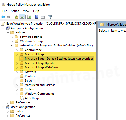 Screenshot showing Microsoft Edge folders in a GPO Administrative templates folder