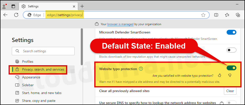 Checking Website typo protection security feature in Microsoft Edge