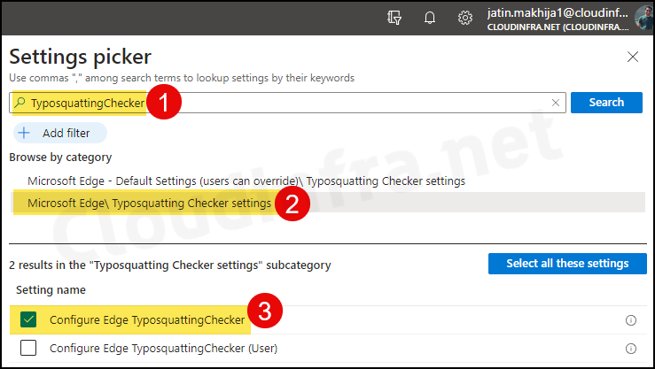 Configure Edge TyposquattingChecker setting in the Settings picker