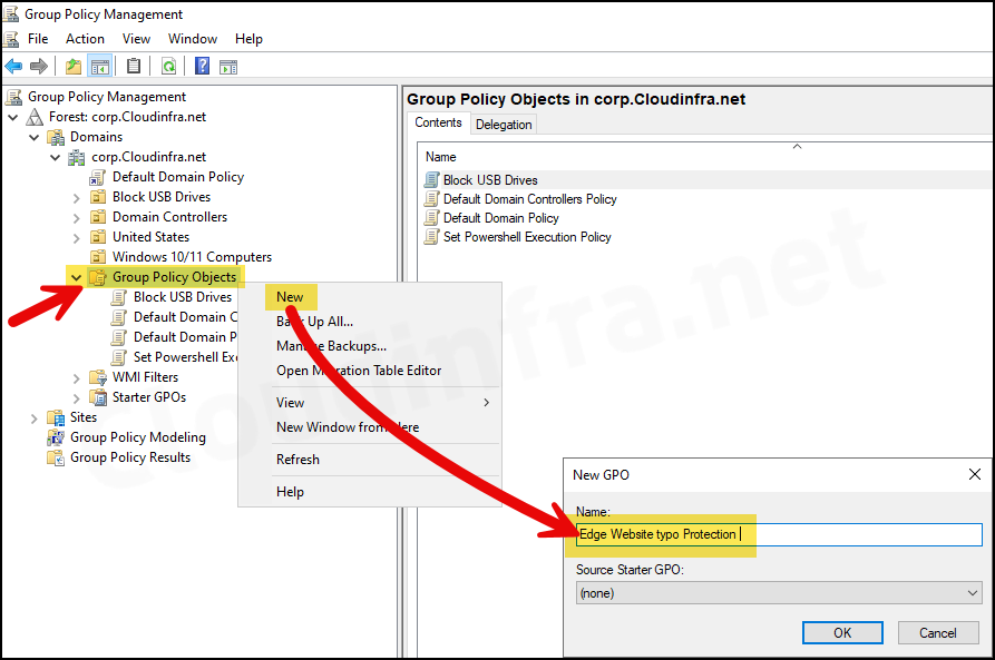 Configure Edge Website Typo Protection using Group Policy: Create a New GPO
