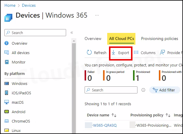 Export Windows 365 Cloud PC Names using Intune admin center