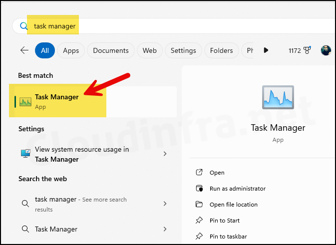 Search for task manager in the start menu