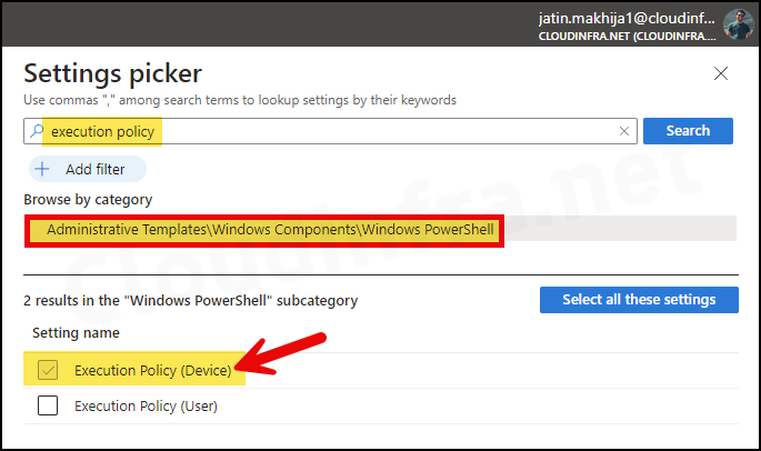 Steps to Configure Powershell Execution Policy using Intune: Configuration settings tab
